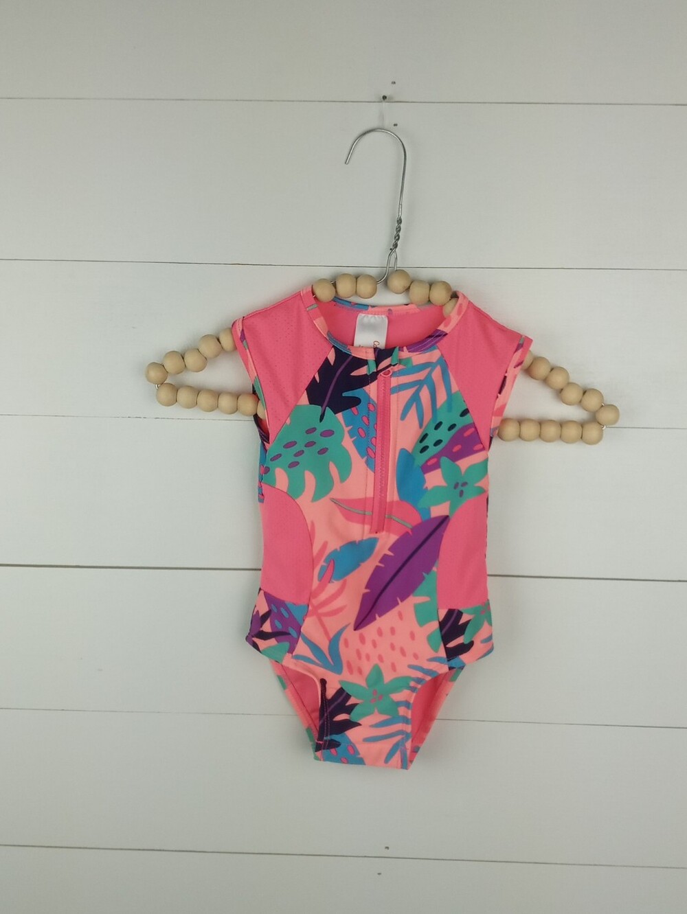 Cat & Jack girls size 18 mos swimsuit bright neon pink colorful floral design